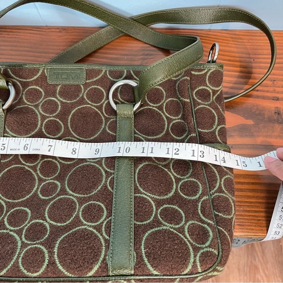 TUMI Wool Leather Trim Tote Shoulder Bag and Wallet Brown Green 13"x9.5" Circles - Picture 9 of 16
